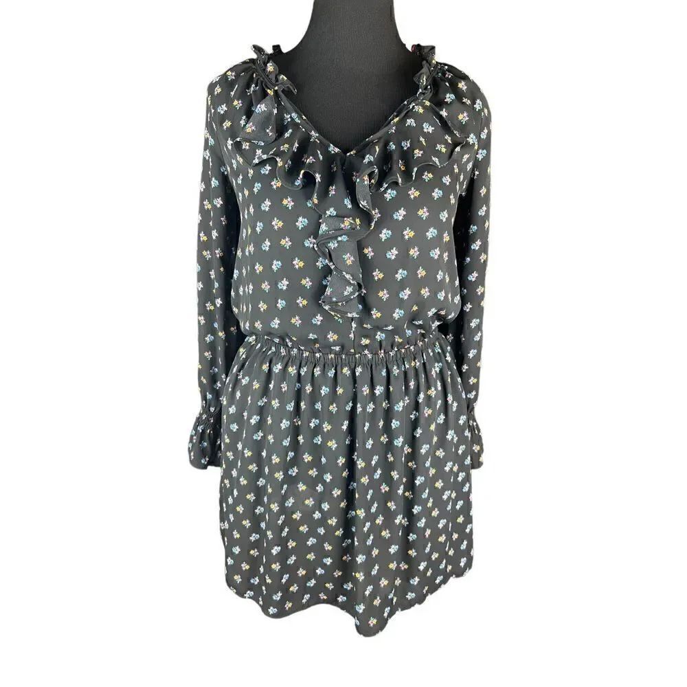 Gap small black dainty delicate flowers elastic waist flowy sheer sleeve dress